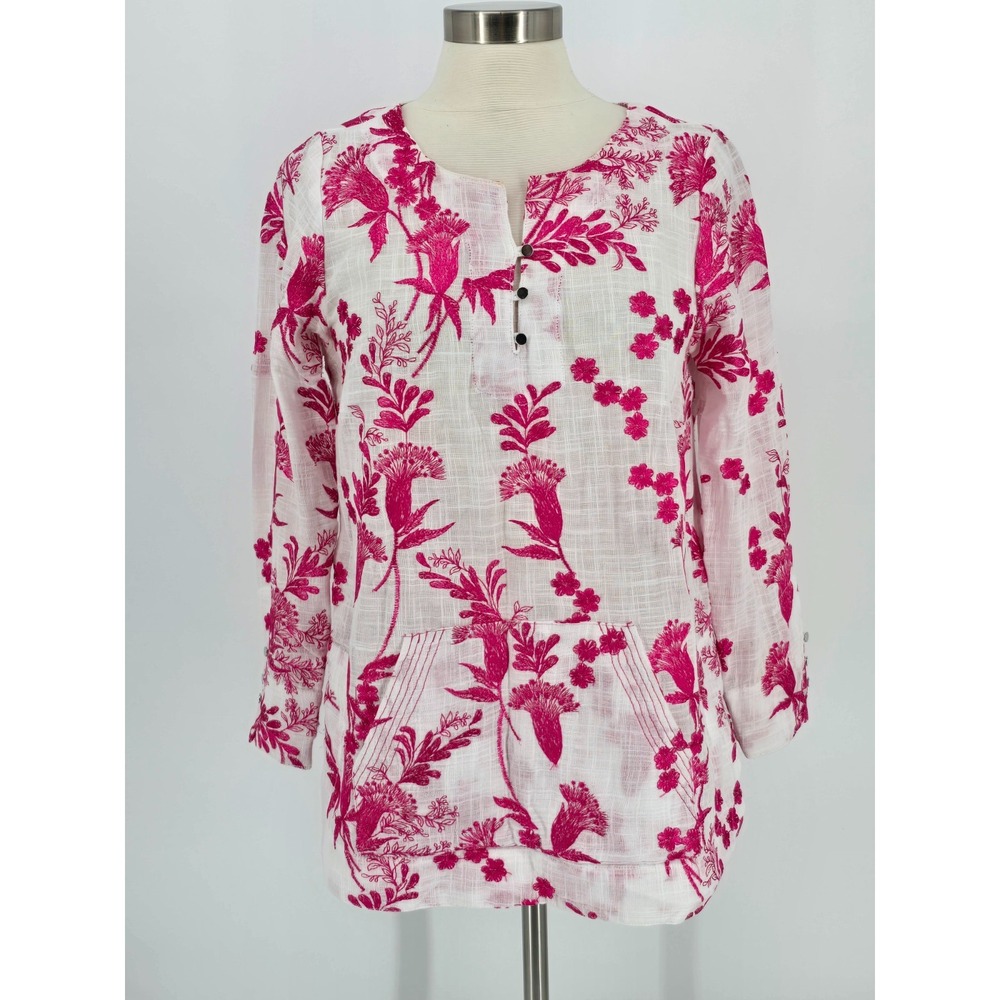 Soft Surroundings Sz Small White w Pink Floral Embroidery Vibrant Color Top